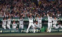 　１回、先制に盛り上がる阪神ナイン（撮影・山口登）