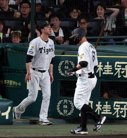 ７回を終え、選手交代を告げに向かう藤川監督（撮影・山口登）