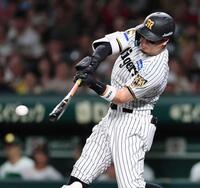 　４回、先制打を放つ佐藤輝（撮影・田中太一）
