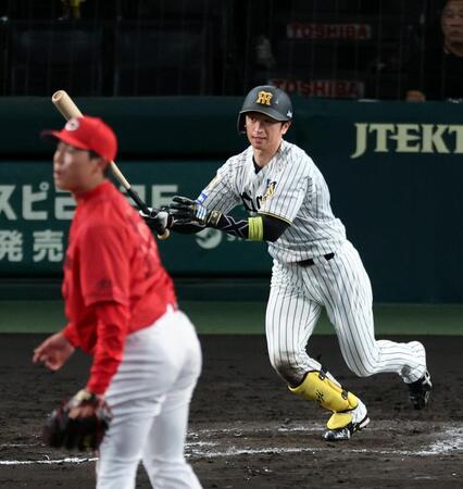 ８回、右前打を放つ近本（撮影・山口登）
