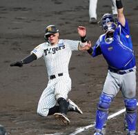 ３回、元山の２点適時内野安打で生還する佐藤輝（撮影・立川洋一郎）