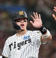 ４回、元山の打球で生還した佐藤輝（撮影・西田忠信）