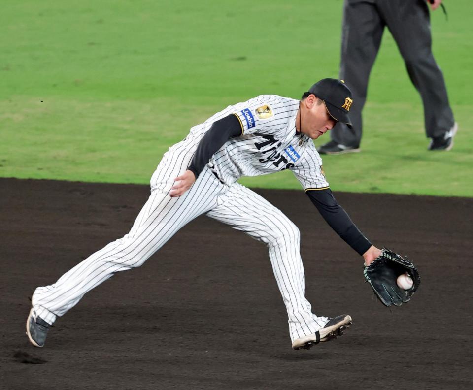 ６回、宮崎の打球を好捕する遊撃手・元山（撮影・立川洋一郎）