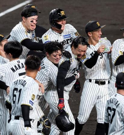 １１回、大山はサヨナラソロを放ち生還しナインから祝福を受ける（撮影・山口登）