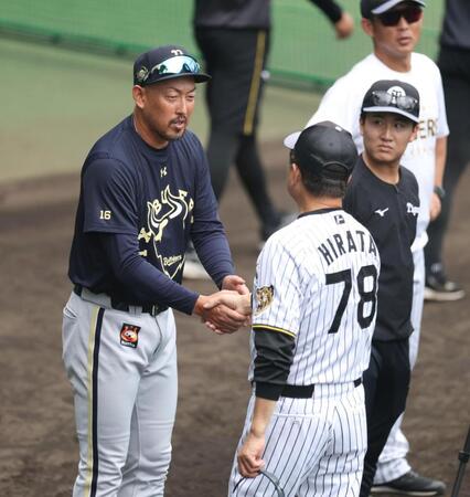 平田２軍監督（右）と握手を交わす平野投手兼任コーチ（撮影・中田匡峻）