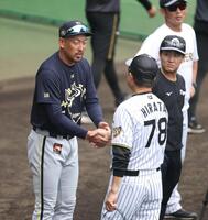 平田２軍監督（右）と握手を交わす平野投手兼任コーチ（撮影・中田匡峻）