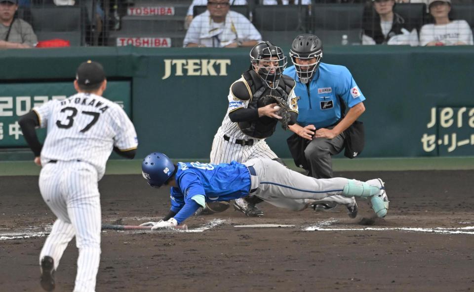 ８回、スクイズを阻止する阪神バッテリー（撮影・飯室逸平）