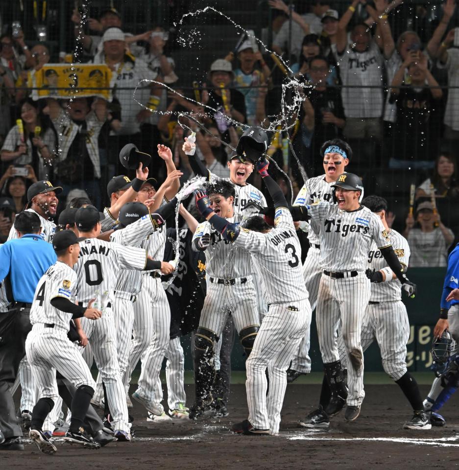 １１回、大山のサヨナラ弾に歓喜する阪神ナイン（撮影・飯室逸平）