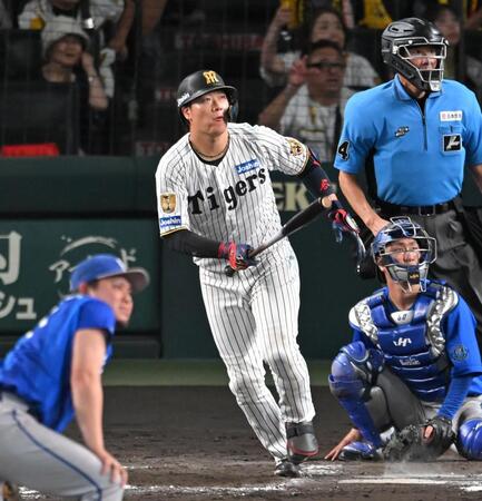１１回、サヨナラ本塁打を放つ大山（撮影・飯室逸平）