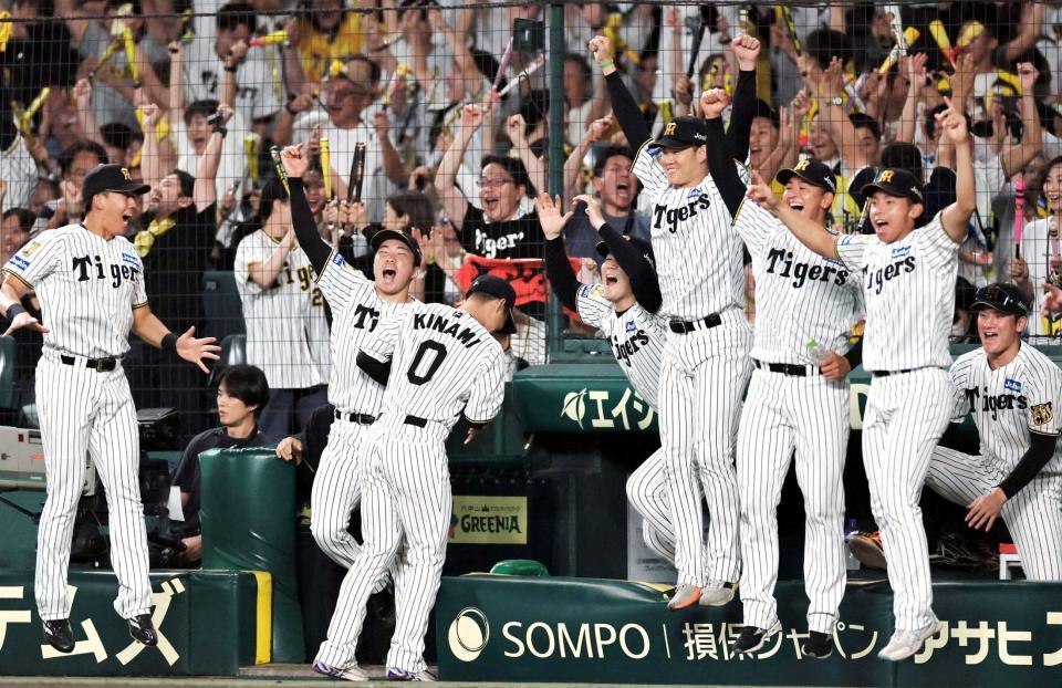 　１１回、大山のサヨナラ弾に大喜びする（右から）神宮、岡留、及川、木下、木浪、石井、立石（撮影・田中太一）