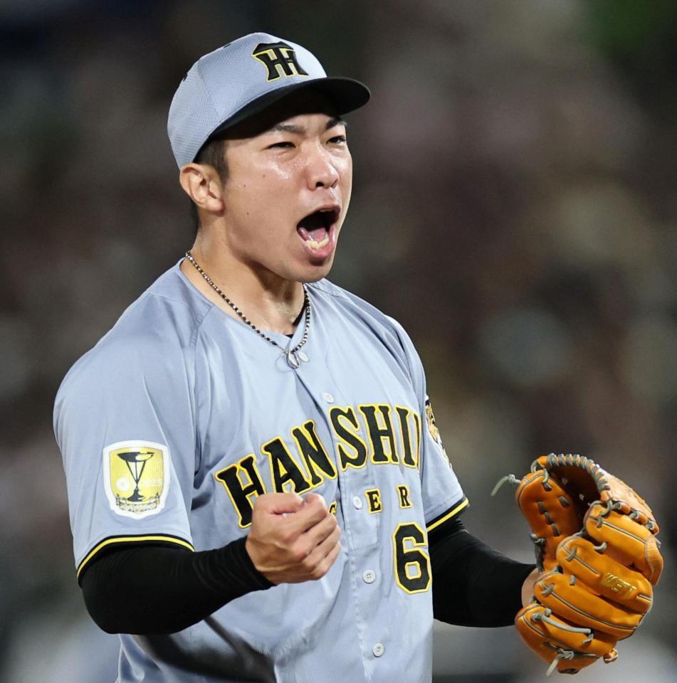 ９回、ヤクルト打線を無失点に抑え吠える石井（撮影・田中太一）