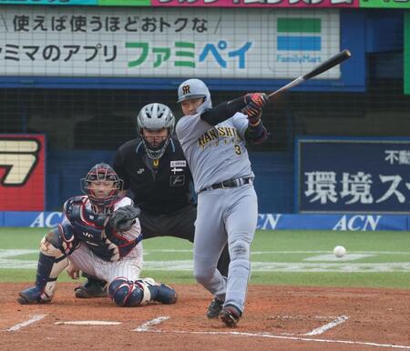 ６回、左前に先制適時打を放つ大山（撮影・金田祐二）