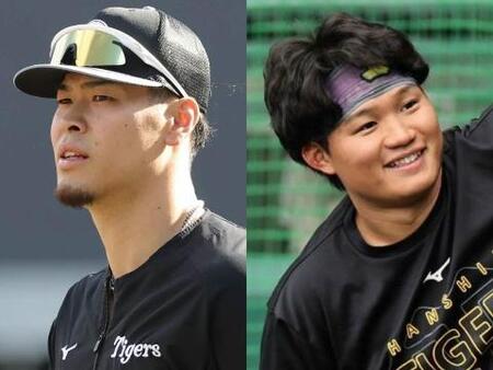 阪神・佐藤輝（左）、森下