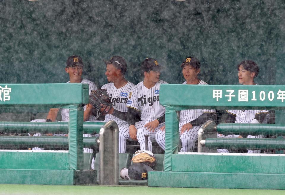 雨が降り続きベンチで談笑しながら天候の回復を待つ立石（左端）ら阪神ナイン（撮影・立川洋一郎）