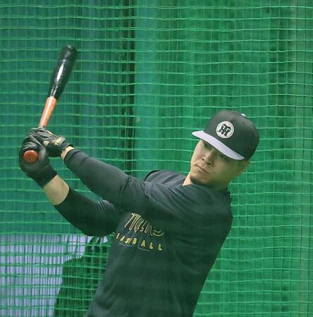 打撃練習をする佐藤輝（撮影・西田忠信）