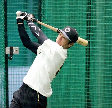 　室内で打撃練習をする近本（撮影・西田忠信）