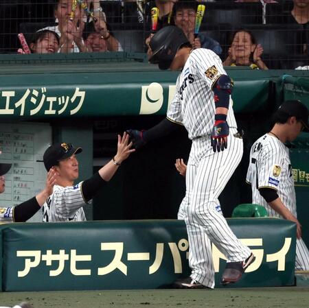 ２回、先制ソロを放った大山を迎える藤川監督（撮影・山口登）