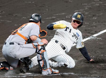 ３回、大山の左飛で本塁を狙うもタッチアウトになる三走・森下（撮影・立川洋一郎）
