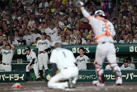 ３回、森下翔太（手前）が本塁で憤死、得点ならず。ベンチでがっくりするナイン（撮影・田中太一）