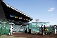 試合前練習を見る藤川監督（左）＝撮影・西田忠信