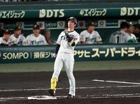 ２回、右飛に倒れる近本（撮影・山口登）