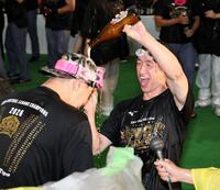 祝勝会で佐藤輝にビールをかける近本（撮影・田中太一）