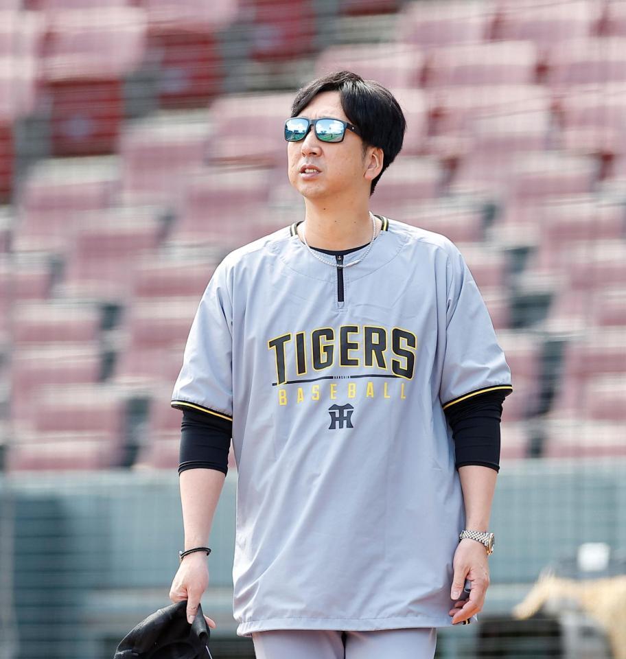練習を見る藤川監督（撮影・西田忠信）