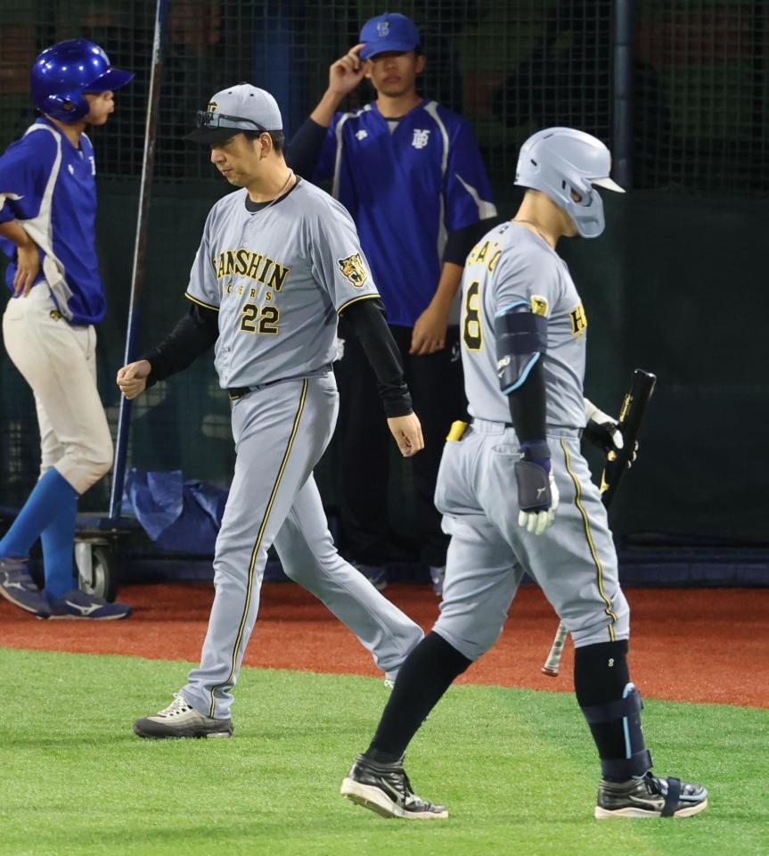 ６回、空振り三振に倒れた佐藤輝と厳しい表情の藤川監督（撮影・金田祐二）