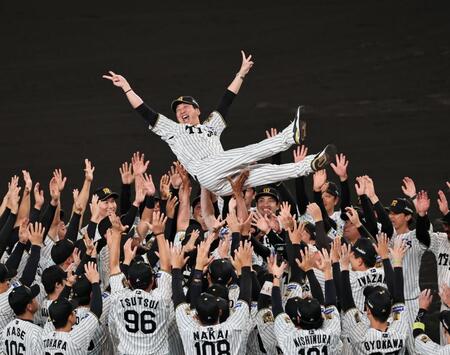 甲子園の宙を舞う藤川監督（撮影・田中太一）