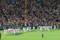 優勝ペナントを手にグラウンド一周する藤川監督ら阪神ナイン（撮影・山口登）