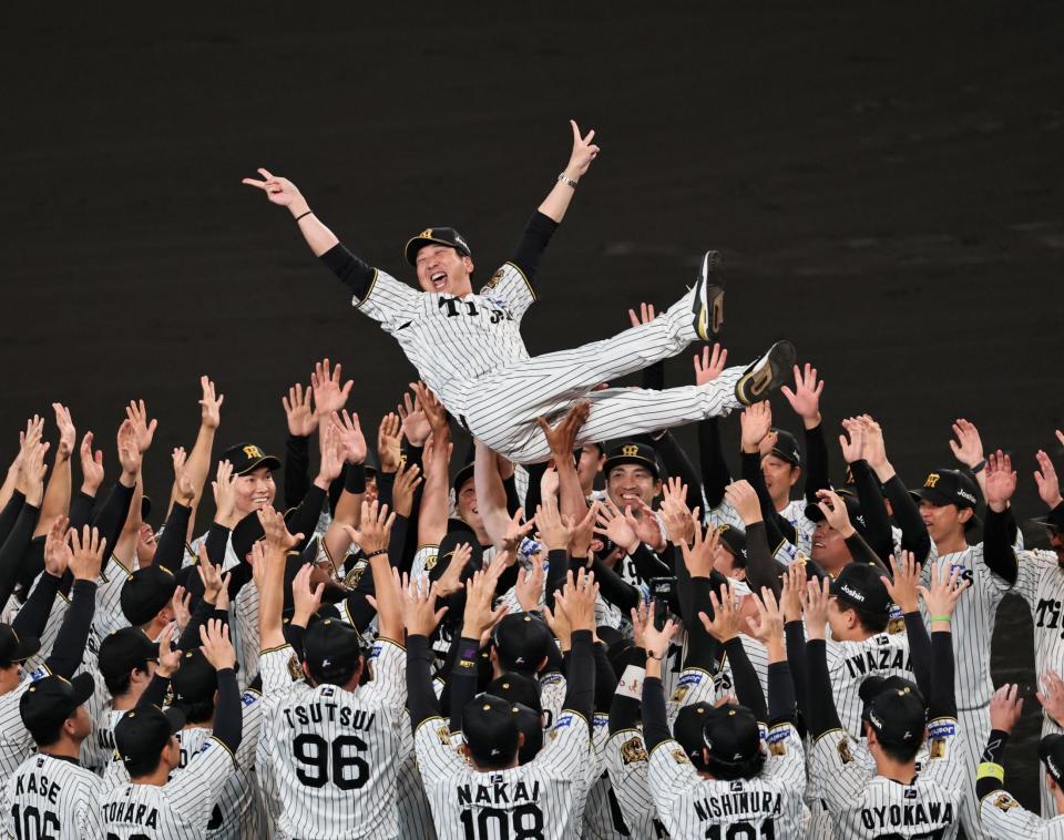 甲子園の宙を舞う藤川監督（撮影・田中太一）
