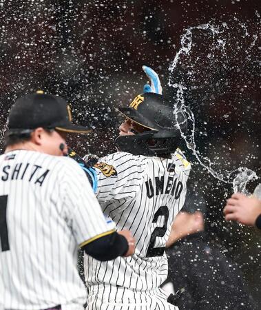 １１回、サヨナラ内野安打を放ち祝福される梅野（撮影・西田忠信）