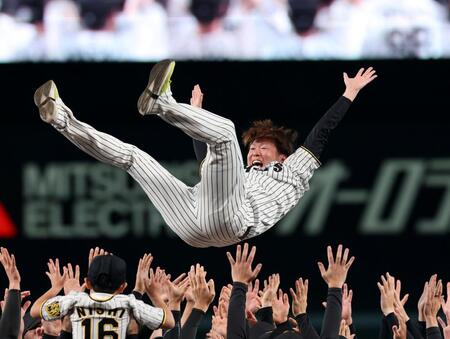 ナインから胴上げされる西勇（撮影・山口登）
