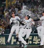 １１回、サヨナラ打を放ちナインから祝福される梅野（撮影・山口登）
