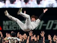 ナインから胴上げされる西勇（撮影・山口登）