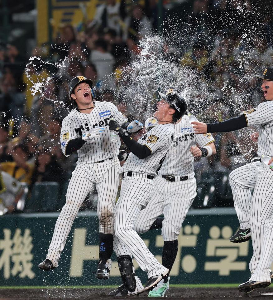 １１回、サヨナラ打を放ちナインから祝福される梅野（撮影・山口登）