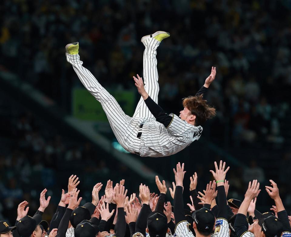 ナインに胴上げされる西勇（撮影・西田忠信）