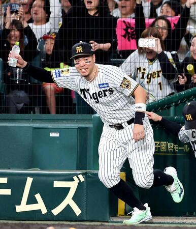 　１１回、梅野がサヨナラ打を放ち、ベンチを飛び出す佐藤輝（撮影・山口登）