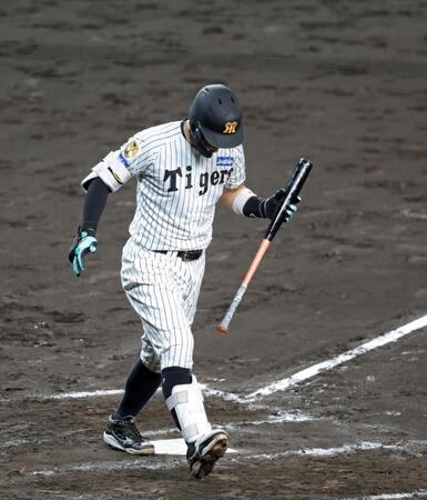 ８回、空振り三振に倒れて引き揚げる佐藤輝（撮影・立川洋一郎）