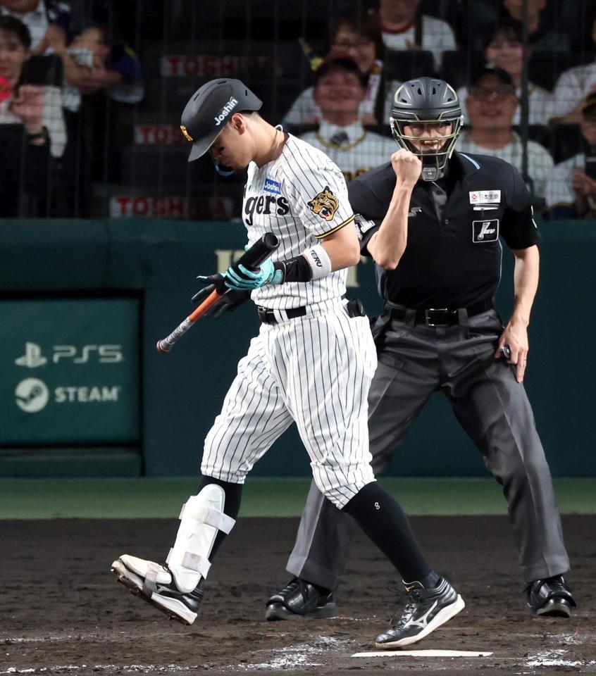 ８回阪神２死、空振り三振に倒れる阪神・佐藤輝明＝甲子園（撮影・山口登）