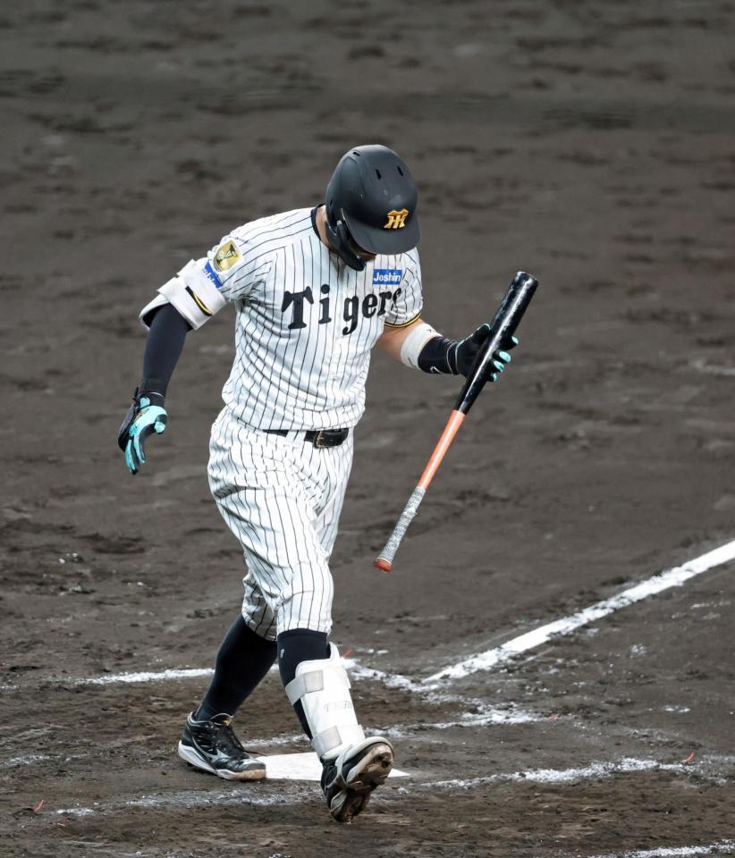 ８回、空振り三振に倒れて引き揚げる佐藤輝（撮影・立川洋一郎）