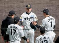 ８回表に登板しヤクルト・茂木栄五郎を左飛に打ち取って交代。ナインに迎えられタッチを交わす阪神・岩崎優＝甲子園（撮影・立川洋一郎）