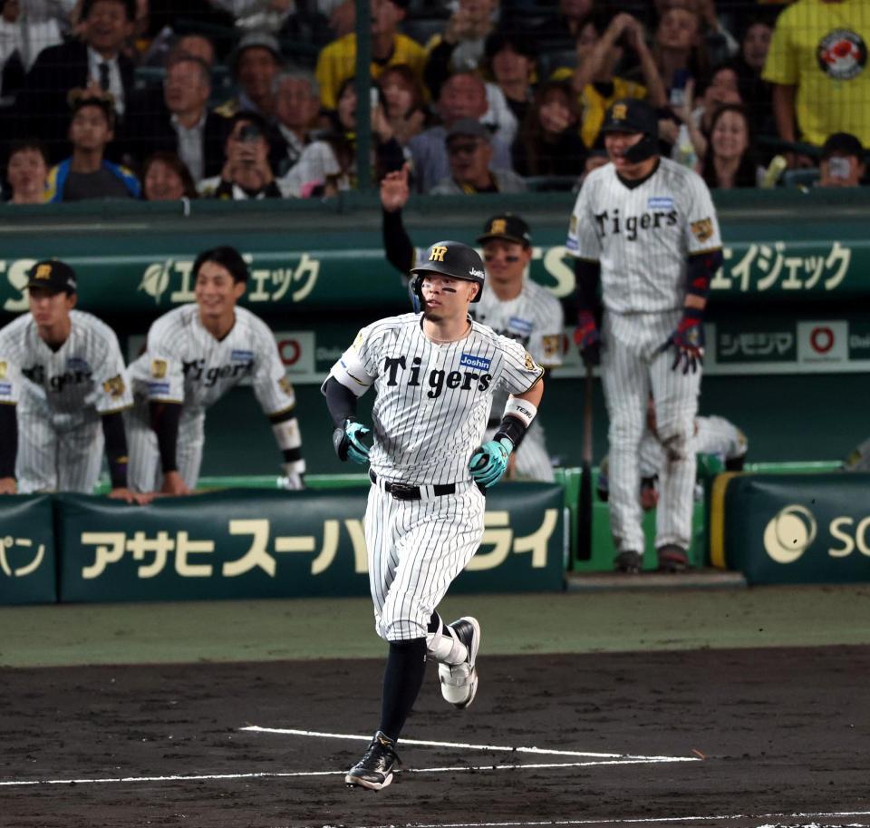 ６回、右飛に倒れる佐藤輝（撮影・山口登）＝８日