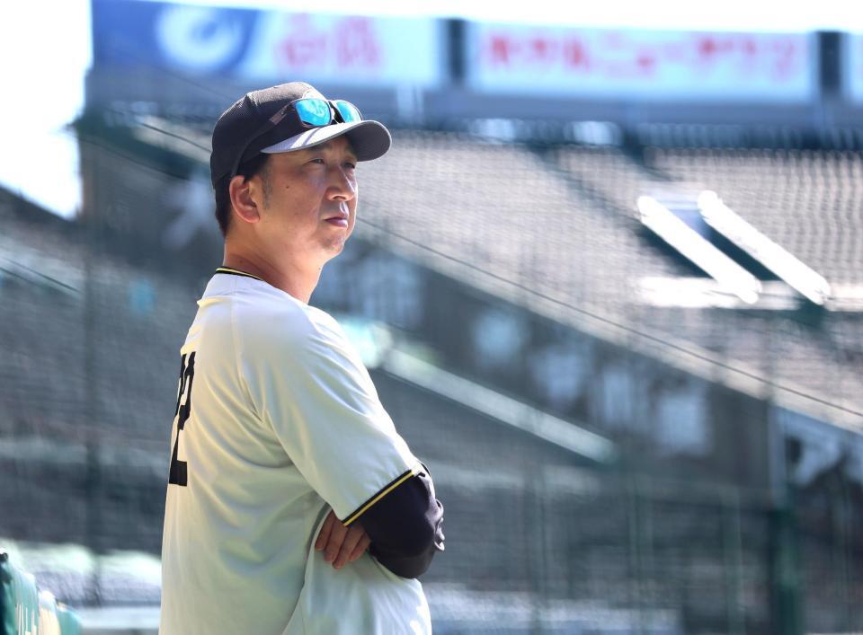 練習を見守る藤川監督（撮影・立川洋一郎）