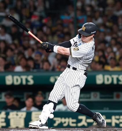 ８回、自打球を当てる佐藤輝（撮影・西田忠信）