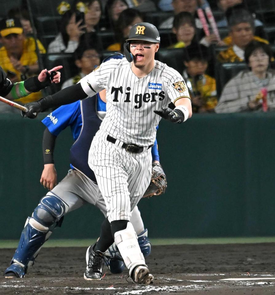 　８回、自打球が当たり、声を上げる佐藤輝（撮影・飯室逸平）