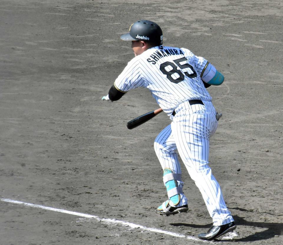 　５回、中前適時打を放つ嶋村（撮影・河西俊輔）