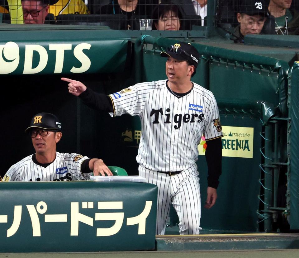 ６回を終え、森下が負傷し選手交代の指示する藤川監督（撮影・山口登）