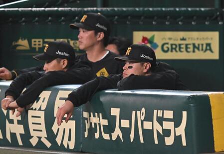 ３回、ベンチから戦況を見守る佐藤輝ら（撮影・飯室逸平）