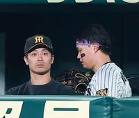 ６回を終え、ベンチ裏に下がり、そのまま交代となった森下（右）＝撮影・西田忠信
